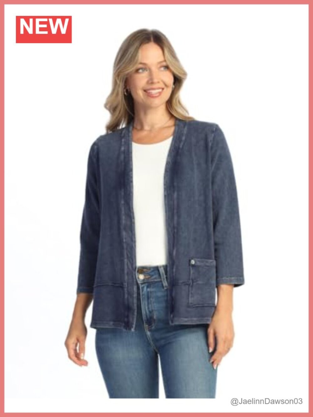 Jess & Jane Terry Open Cardigan 3/4 Sleeve V-Neck Relaxed Fit
